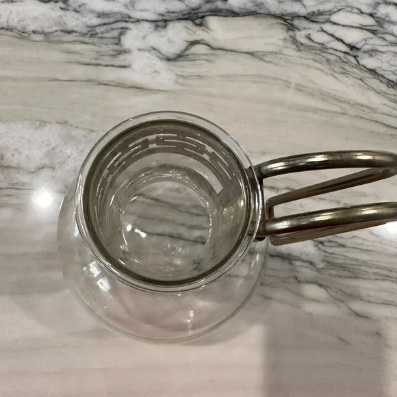 Vtg Pyrex glass beverage server/gold art deco handle (no top)